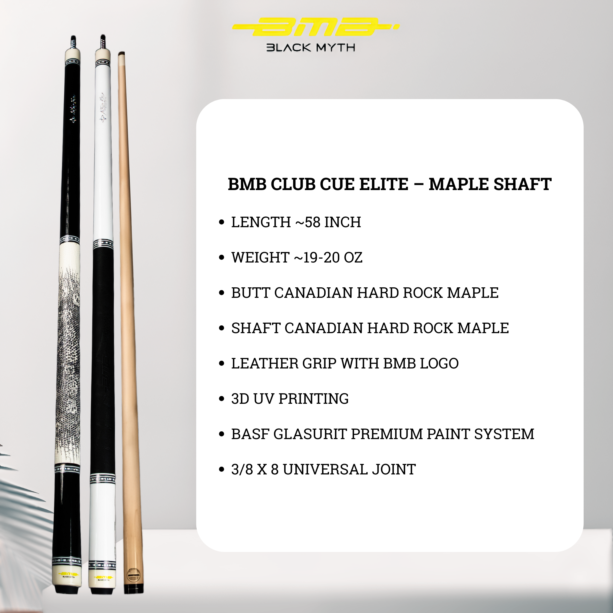 BMB Elite Onyx Black Maple Billiard Cue - Professional Pool Cue 58