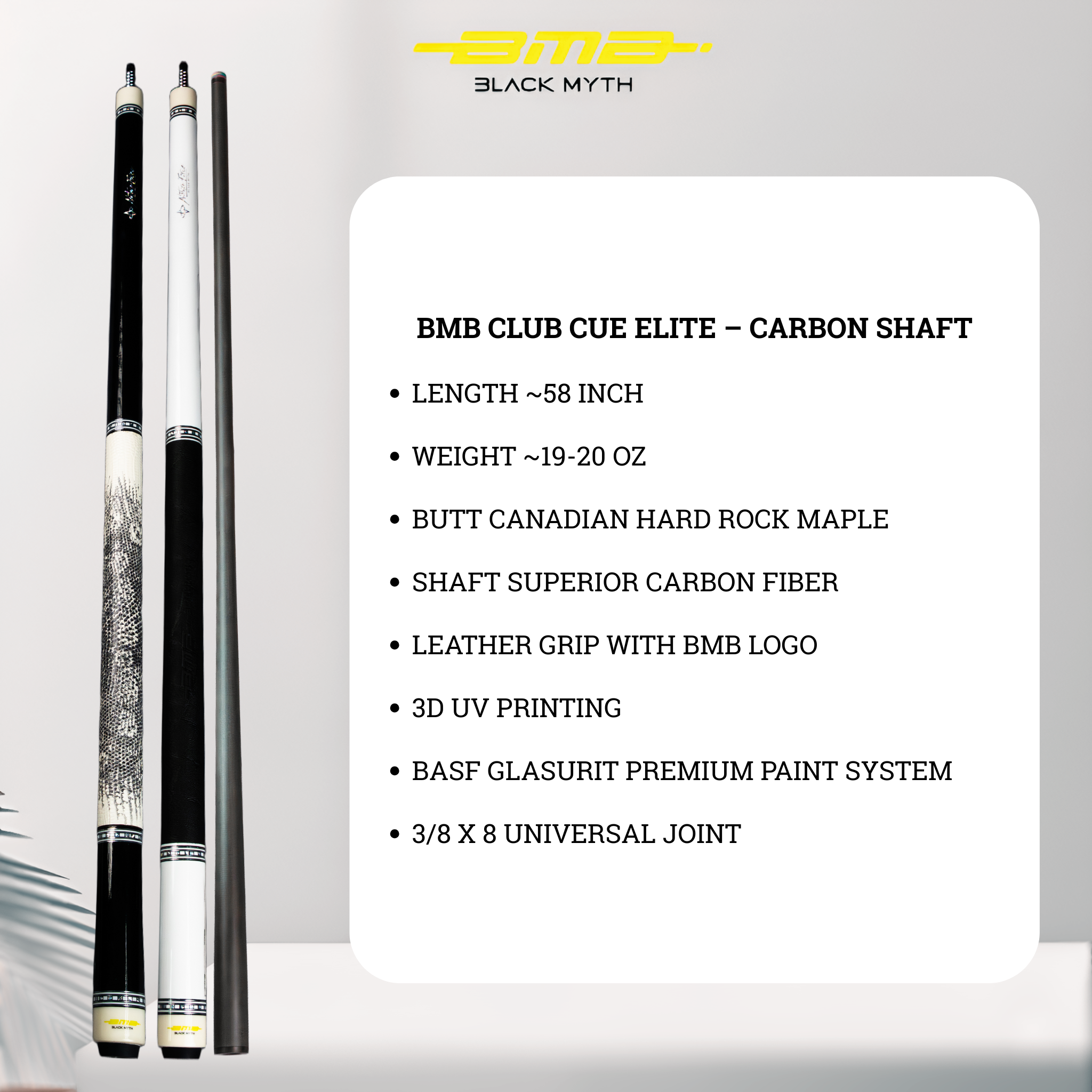 BMB Club Cue Elite Pearl White Carbon Billiard Cue - Professional Pool Cue 58