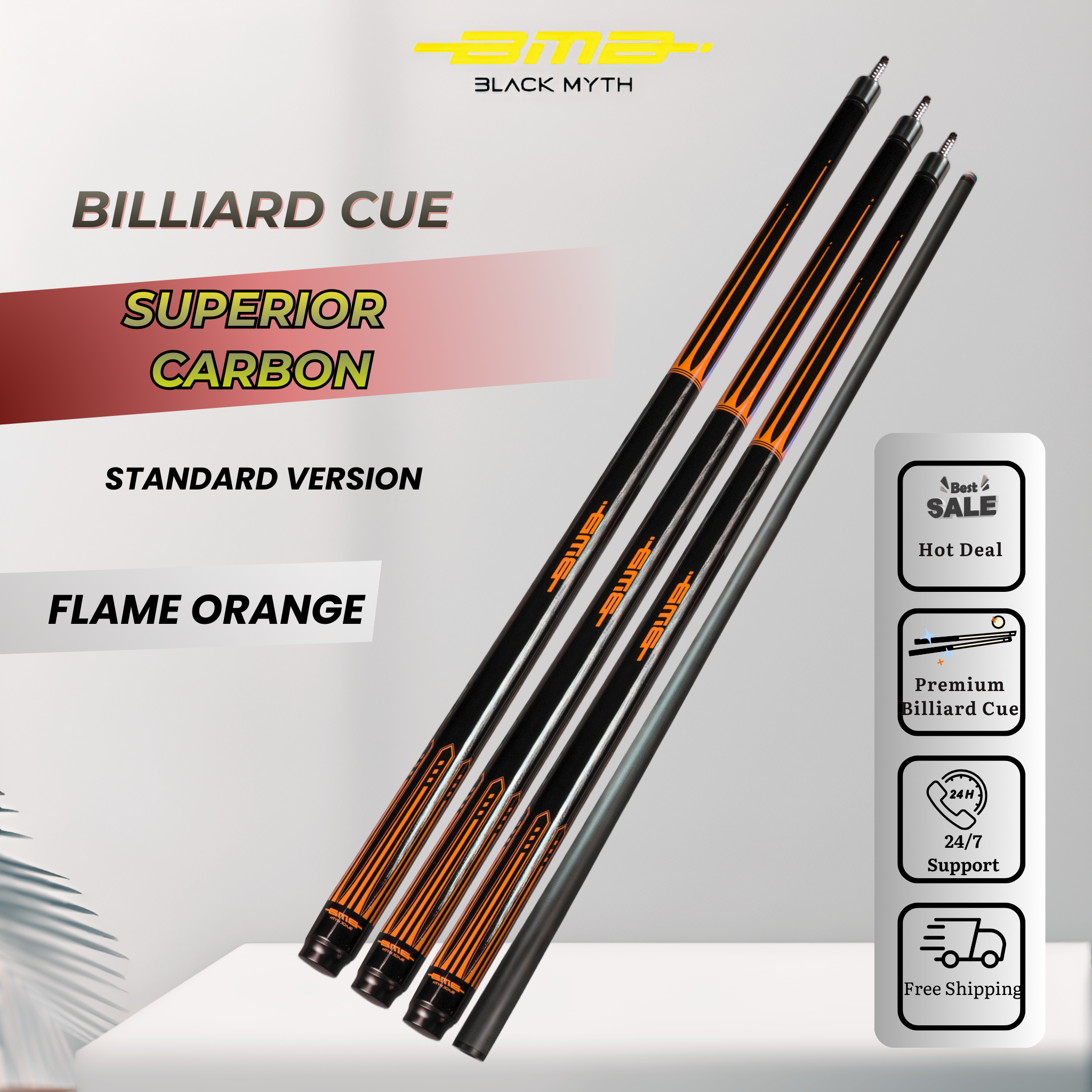 BMB Carbon Fibre Pool Cue Orange Flame 58" - Professional Club