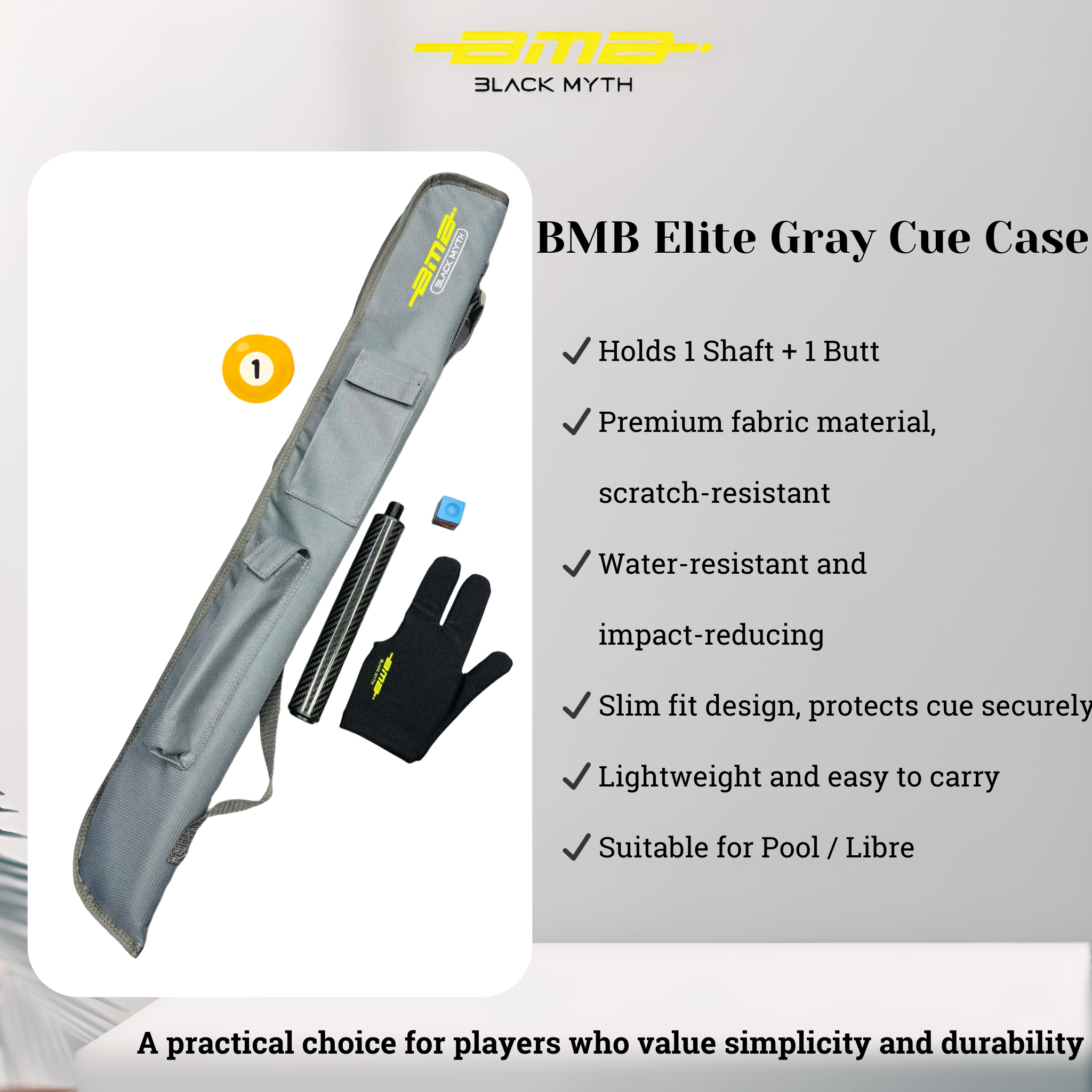 BMB 1x1 Fabric Billiard Cue Case 80cm - Lightweight Gray