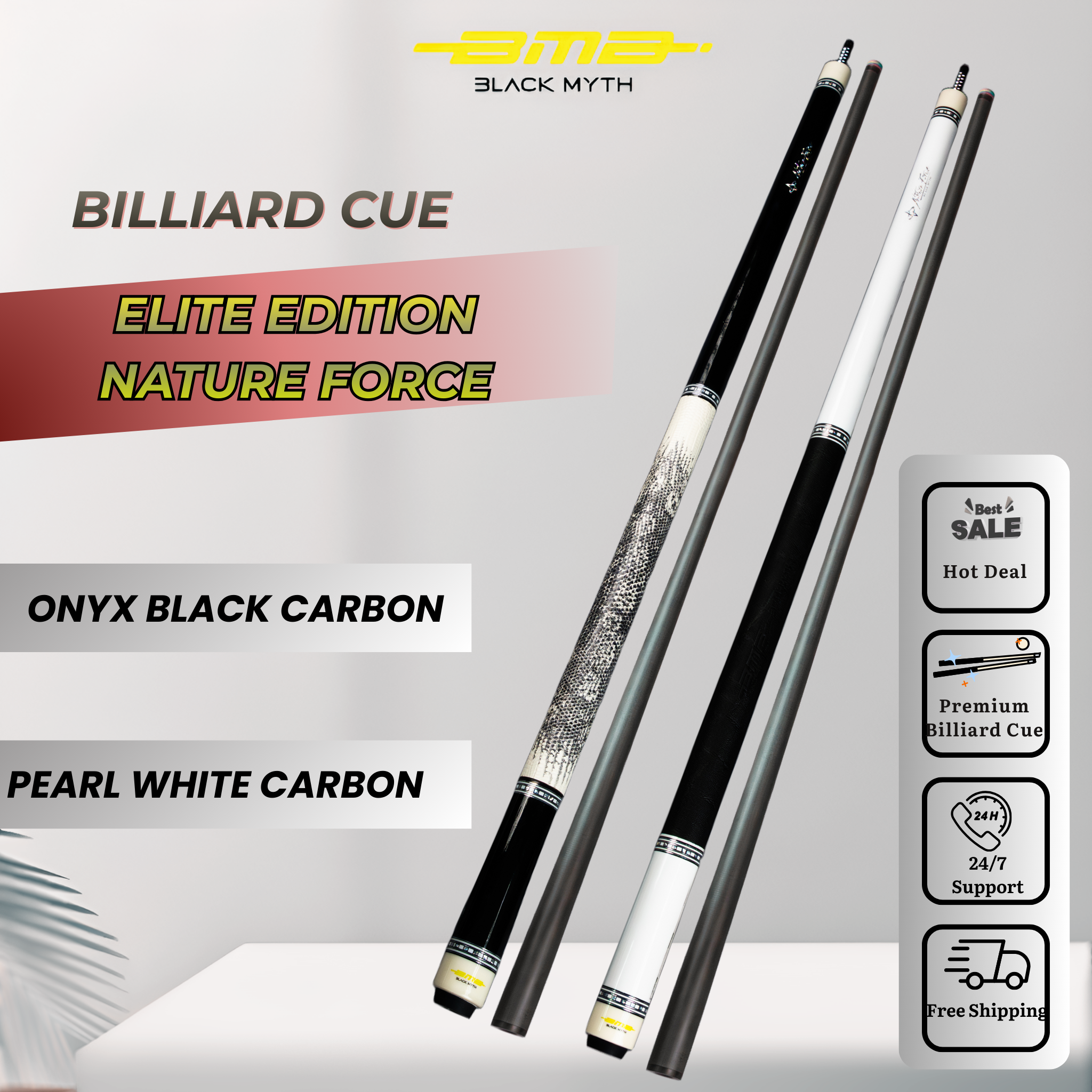 BMB Club Cue Elite Pearl White Carbon Billiard Cue - Professional Pool Cue 58