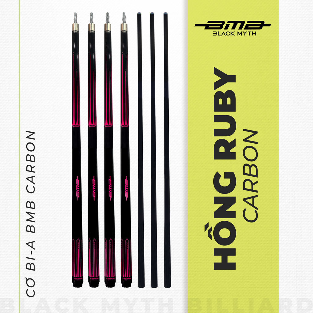 Cơ Bida BMB Hồng Ngọc Ruby – Ngọn Carbon, Low Deflection, Đường Bi Chuẩn