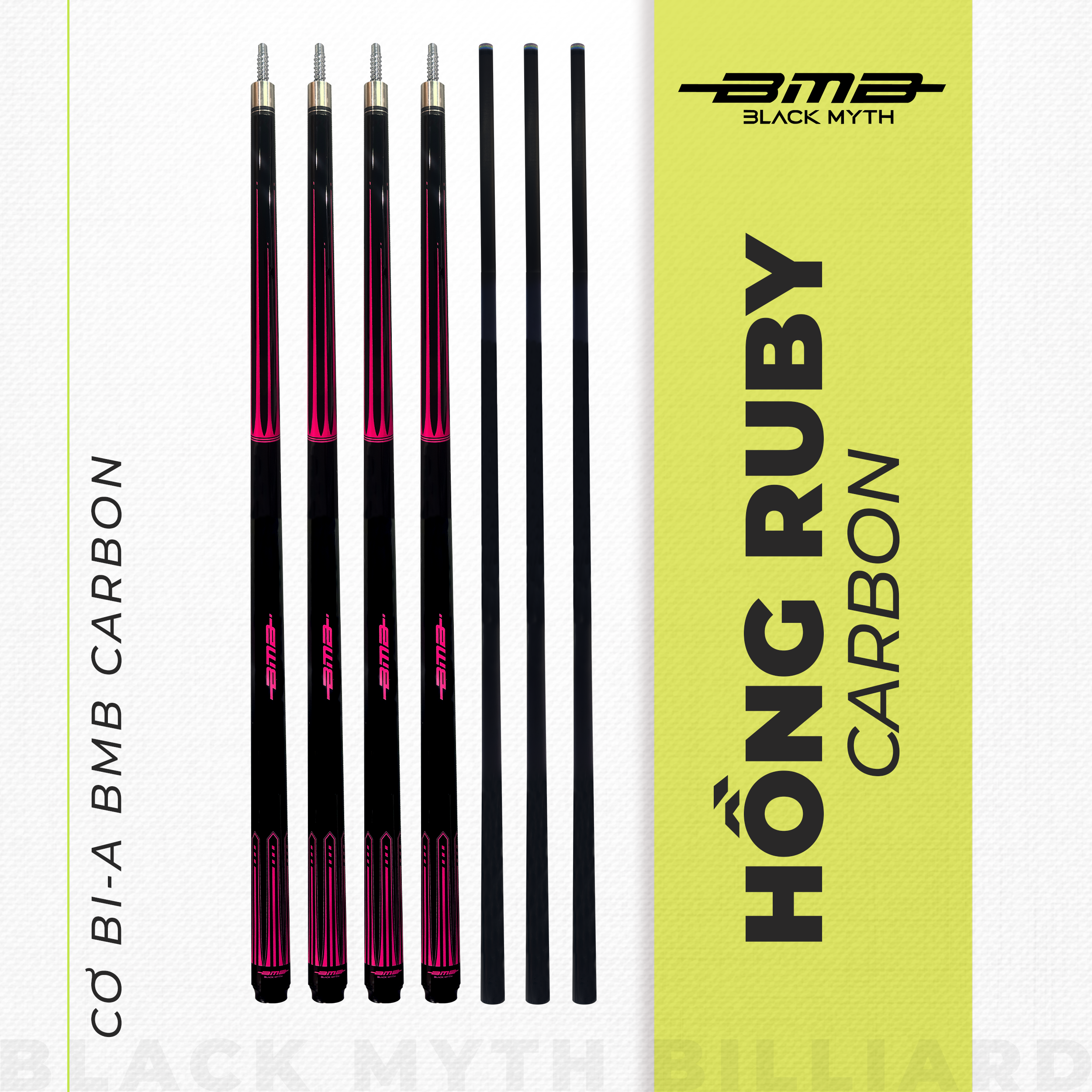 Cơ Bida BMB Hồng Ngọc Ruby – Ngọn Carbon, Low Deflection, Đường Bi Chuẩn