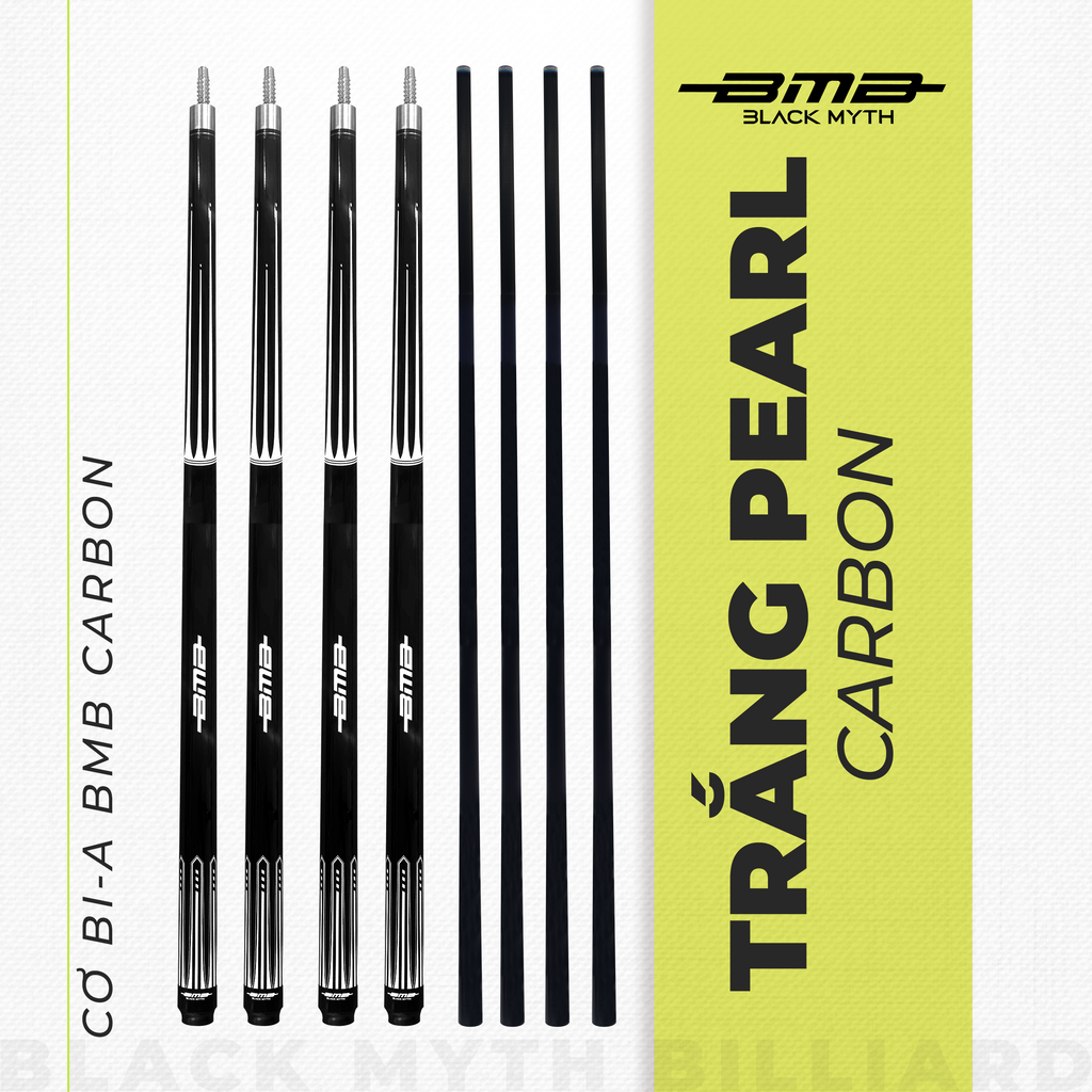 Cơ Bida BMB Trắng Pearl – Ngọn Carbon, Low Deflection, Đường Bi Chuẩn