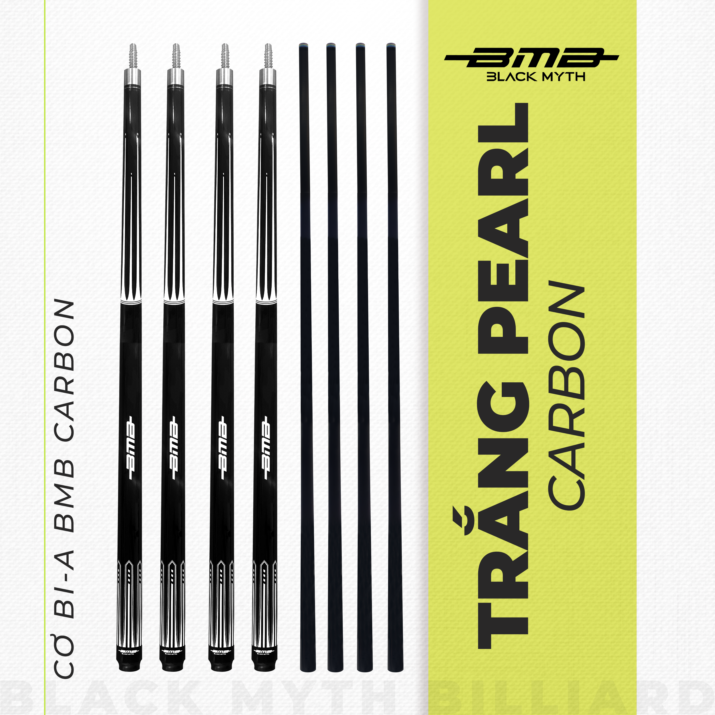 Cơ Bida BMB Trắng Pearl – Ngọn Carbon, Low Deflection, Đường Bi Chuẩn