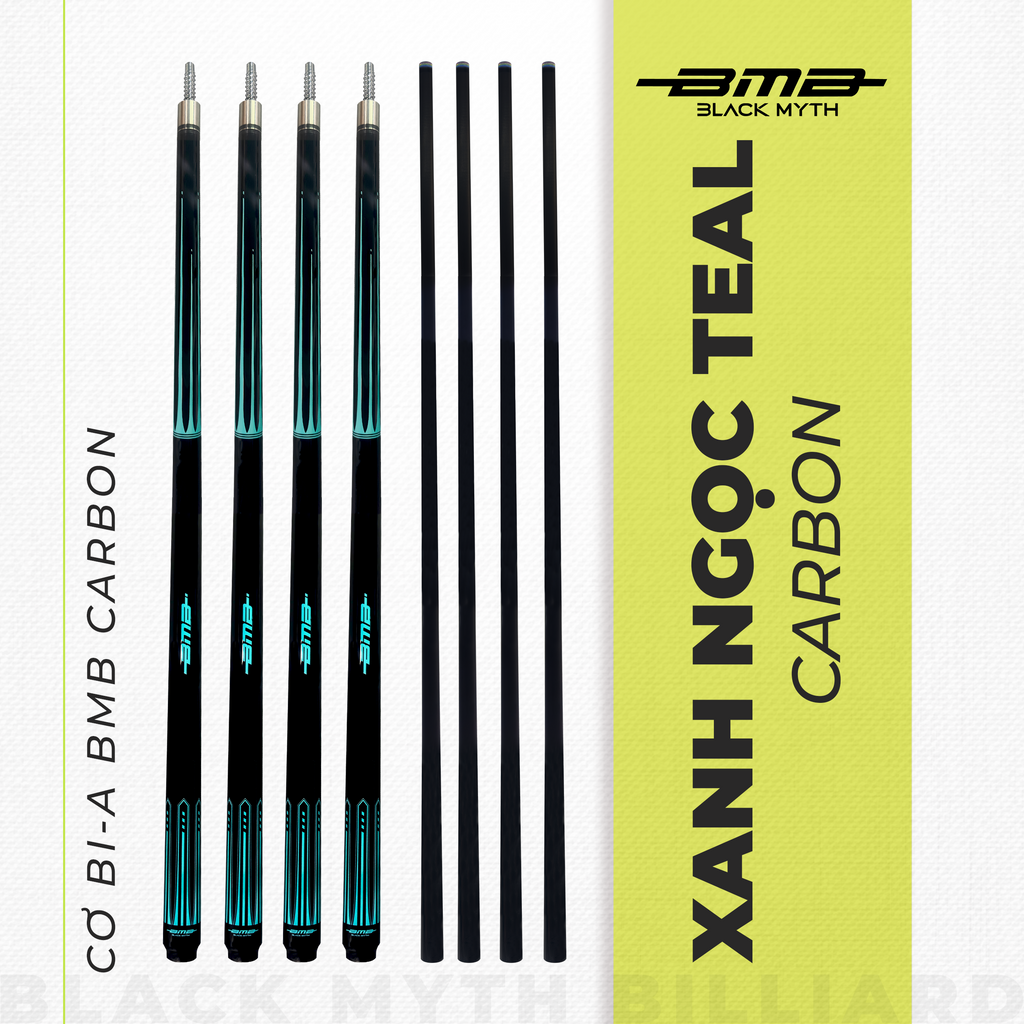 Cơ Bida BMB Xanh Ngọc Teal – Ngọn Carbon, Low Deflection, Đường Bi Chuẩn