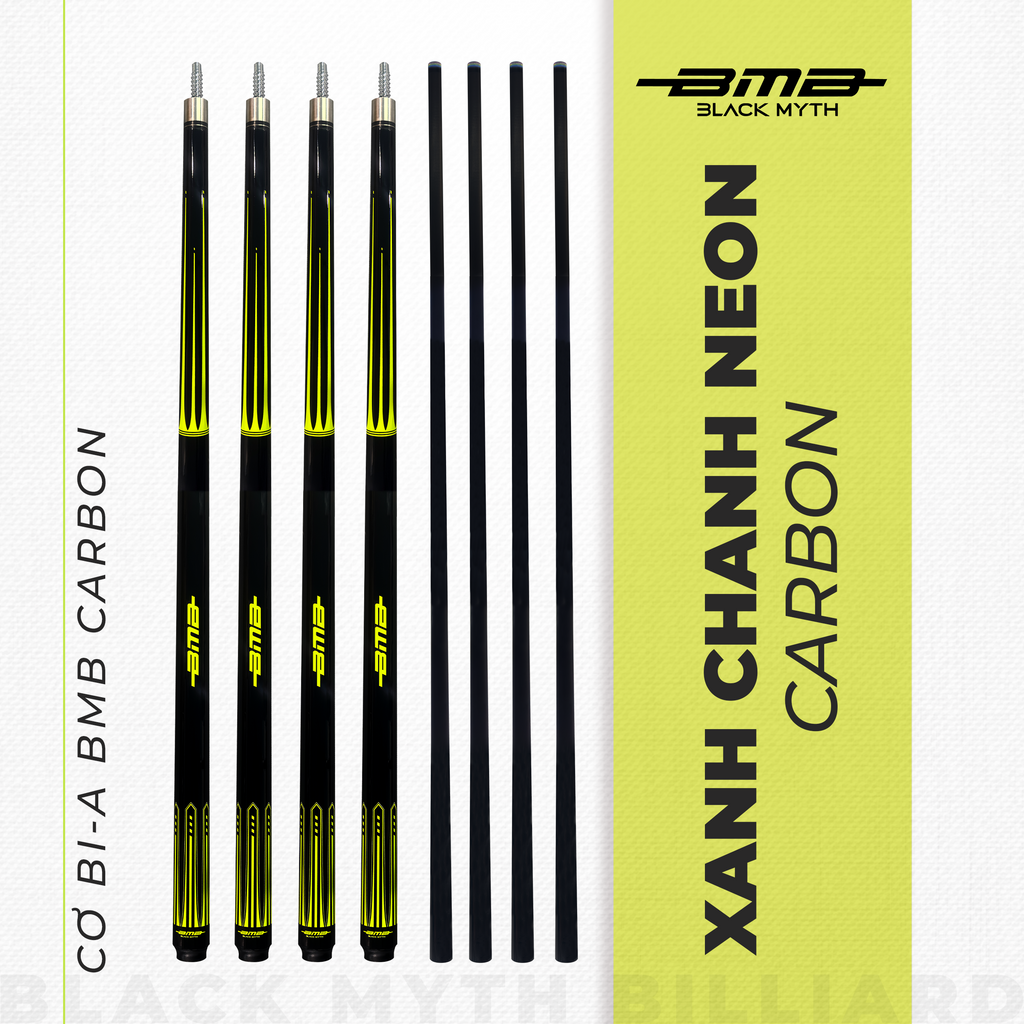 Cơ Bida BMB Xanh Chanh Neon – Ngọn Carbon, Xoáy Chuẩn, Nổi Bật Nhất Bàn