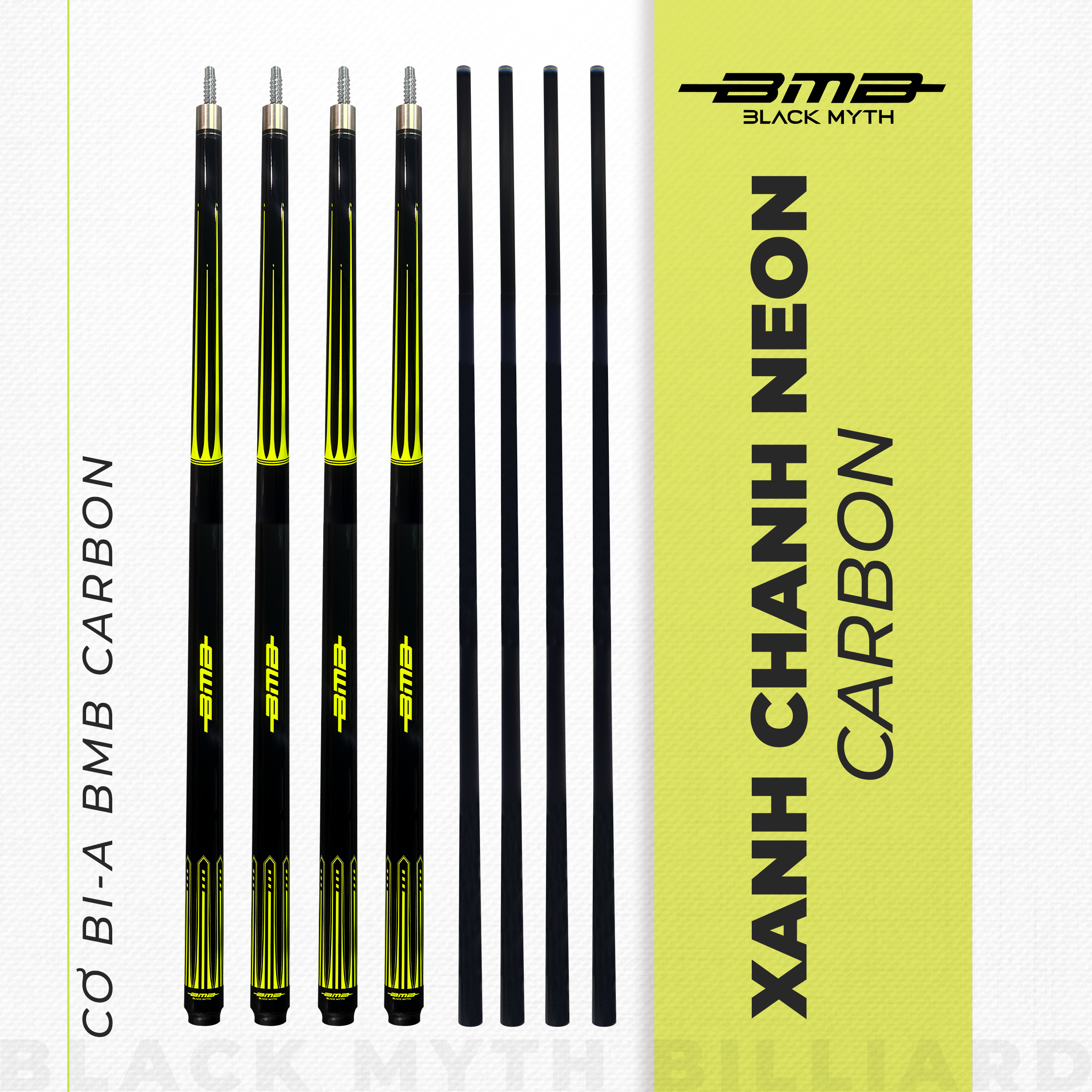 Cơ Bida BMB Xanh Chanh Neon – Ngọn Carbon, Xoáy Chuẩn, Nổi Bật Nhất Bàn