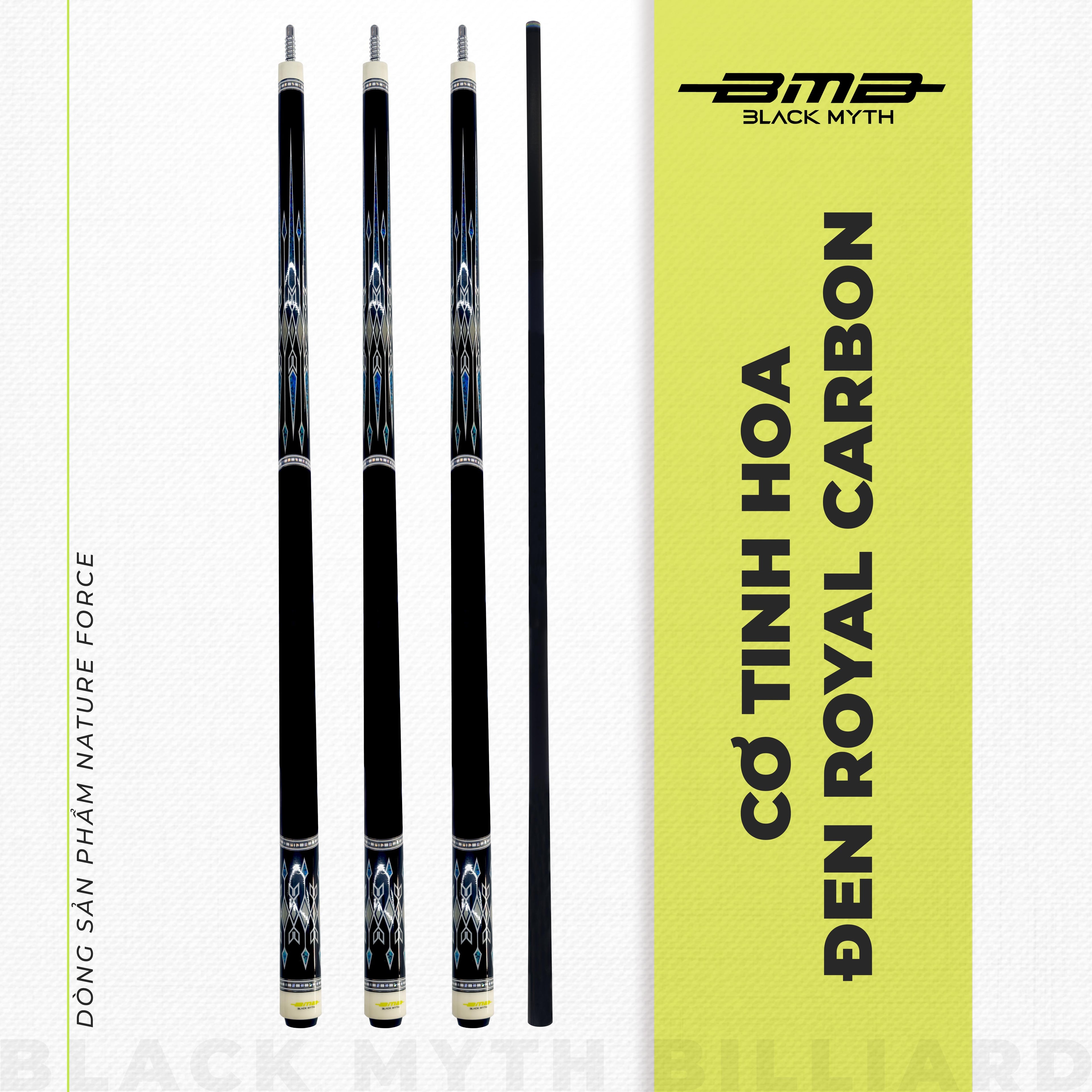 Cơ Bida BMB Elite Royal Black – Ngọn Carbon, Low Deflection, Đường Bi Chuẩn