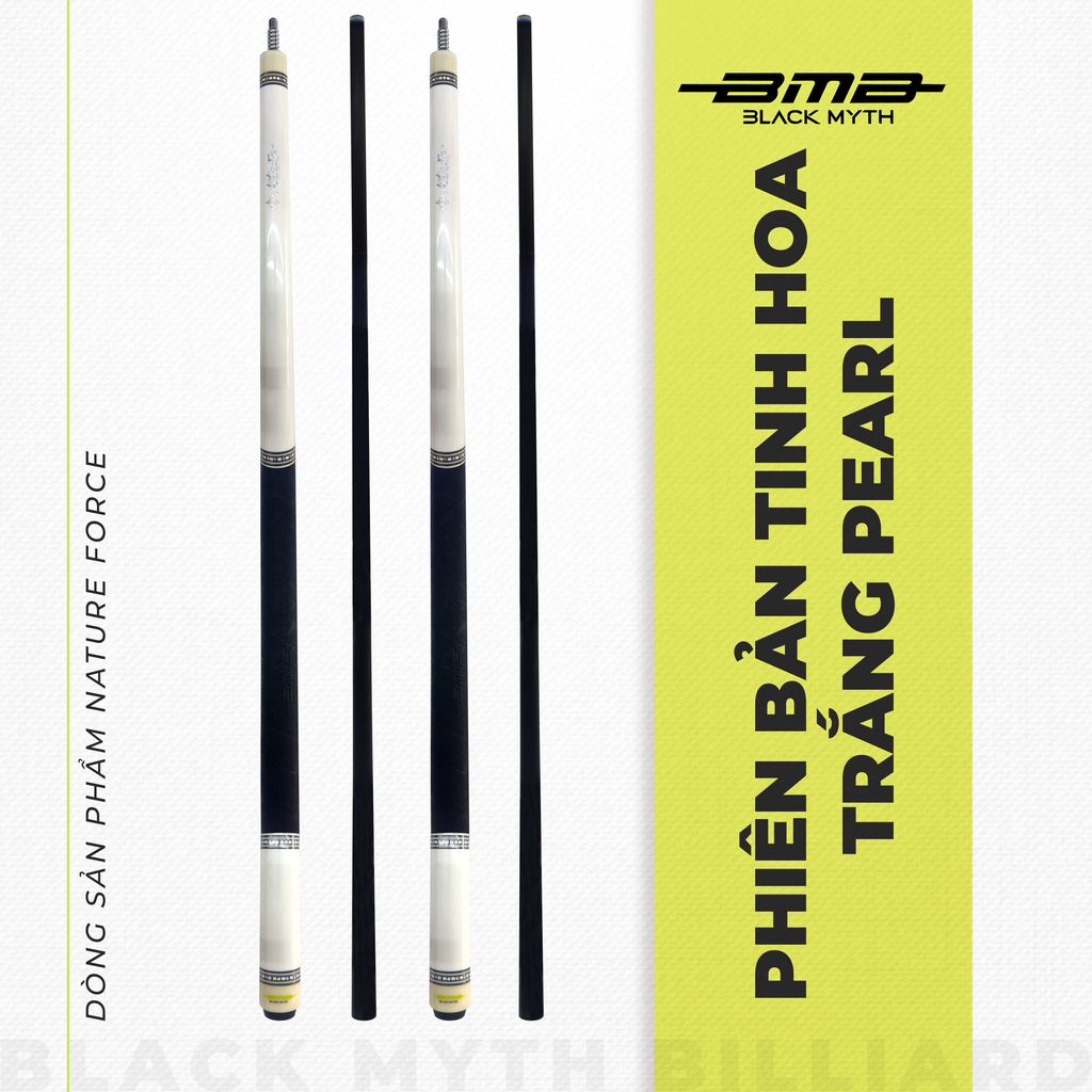 Cơ Bida BMB Elite Pearl White – Ngọn Carbon, Low Deflection, Đường Bi Chuẩn