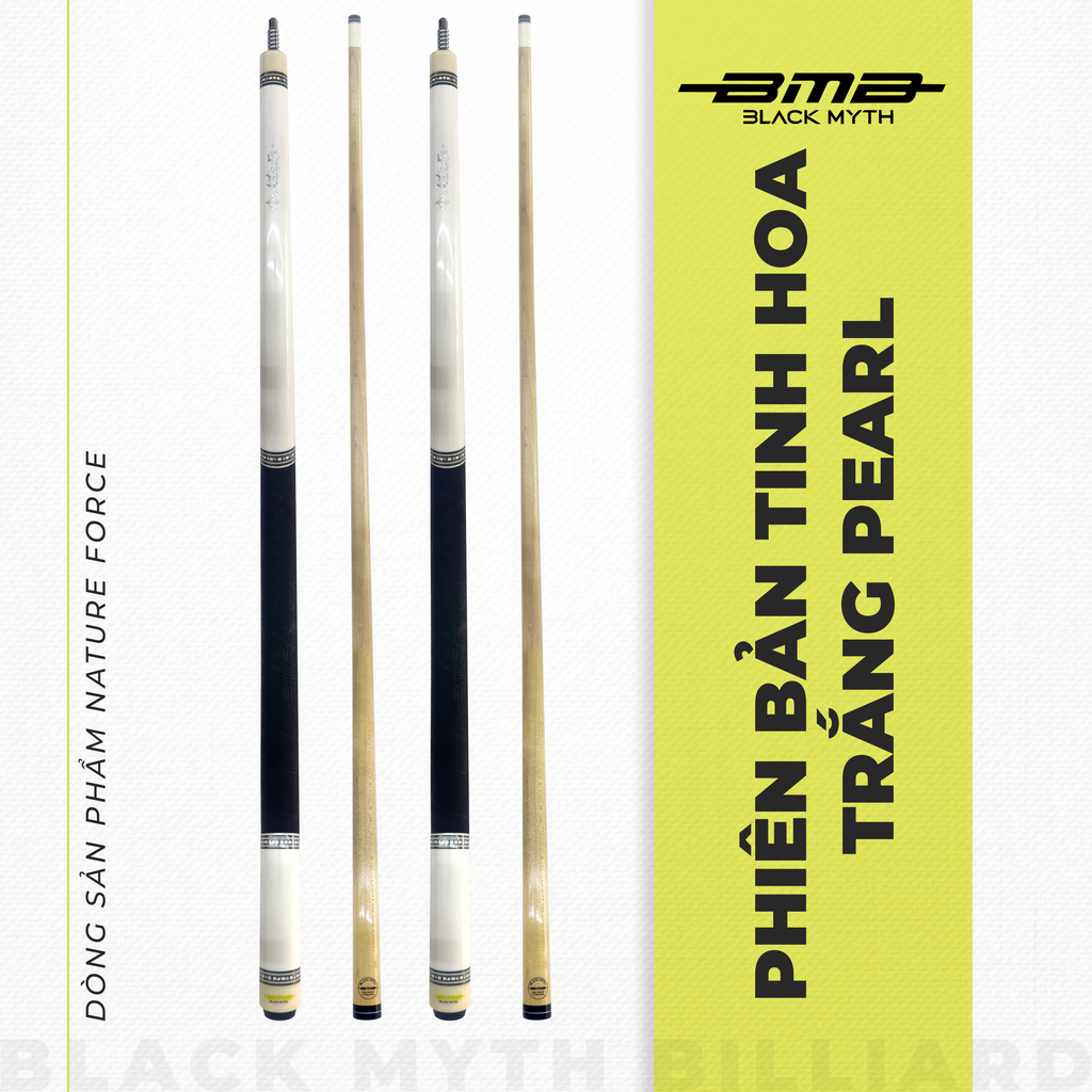 Cơ Bida BMB Elite Pearl White – Ngọn Maple, Low Deflection, Đường Bi Chuẩn