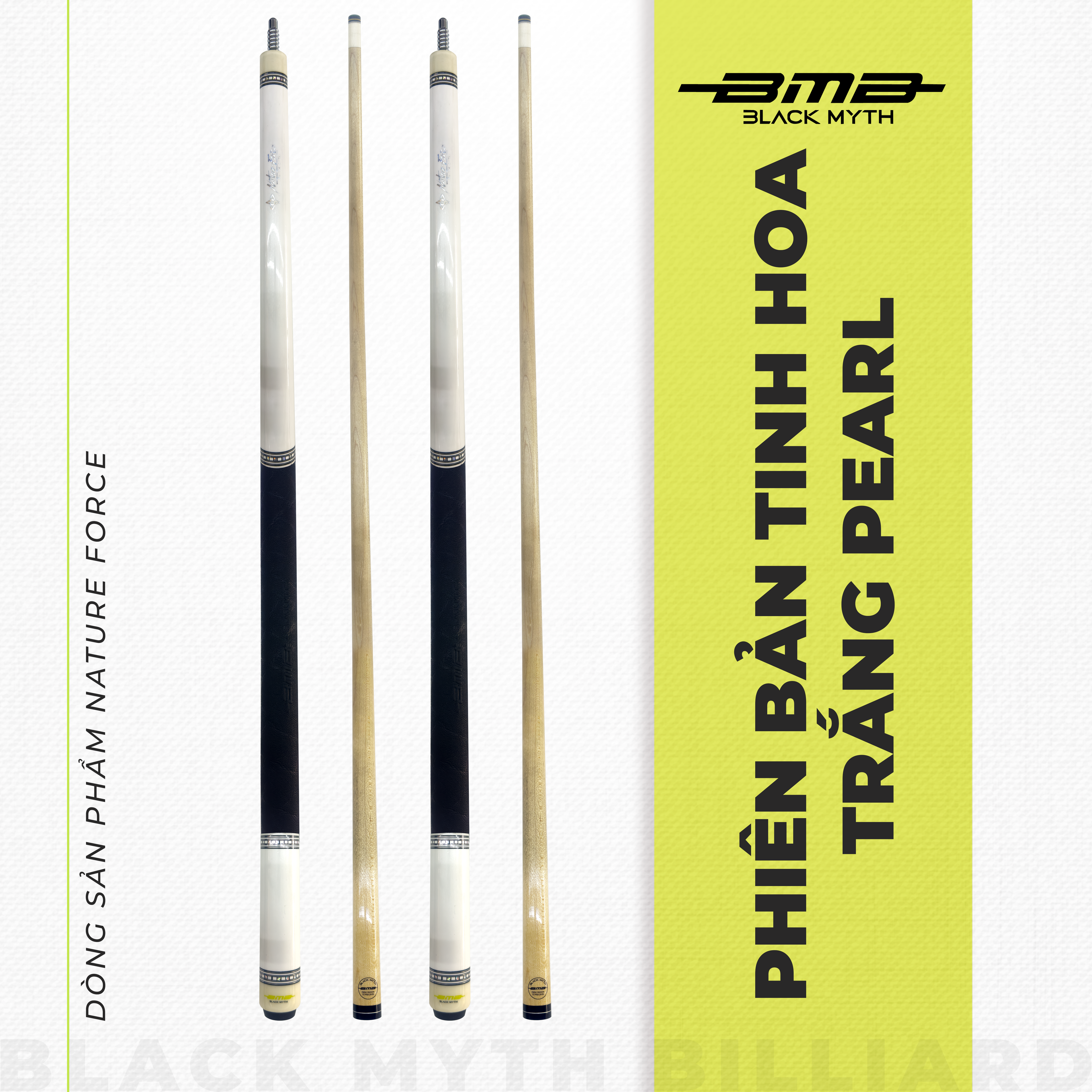 Cơ Bida BMB Elite Pearl White – Ngọn Maple, Low Deflection, Đường Bi Chuẩn