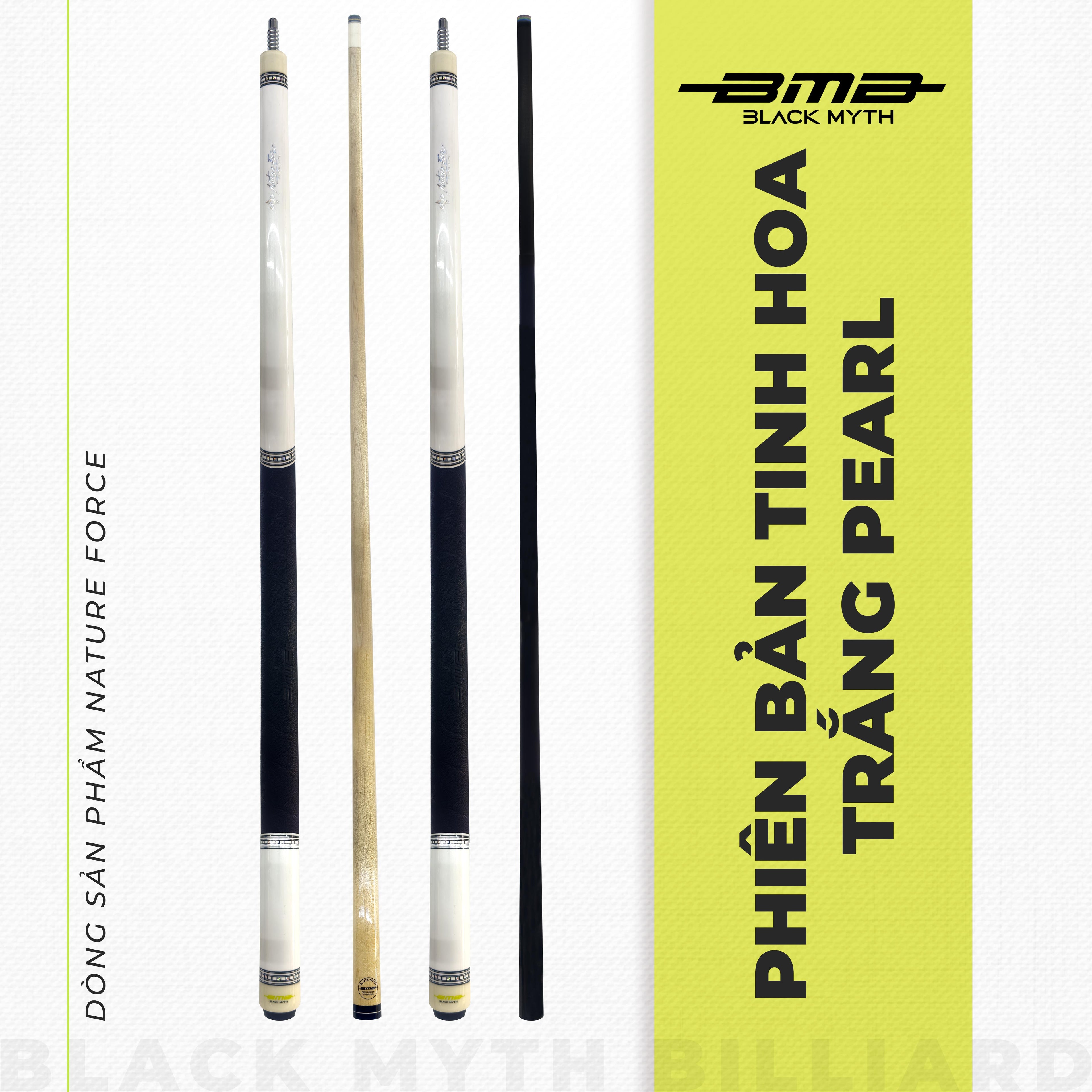Cơ Bida BMB Trắng Pearl – Phiên Bản Tinh Hoa Carbon & Mộc Phong Canada
