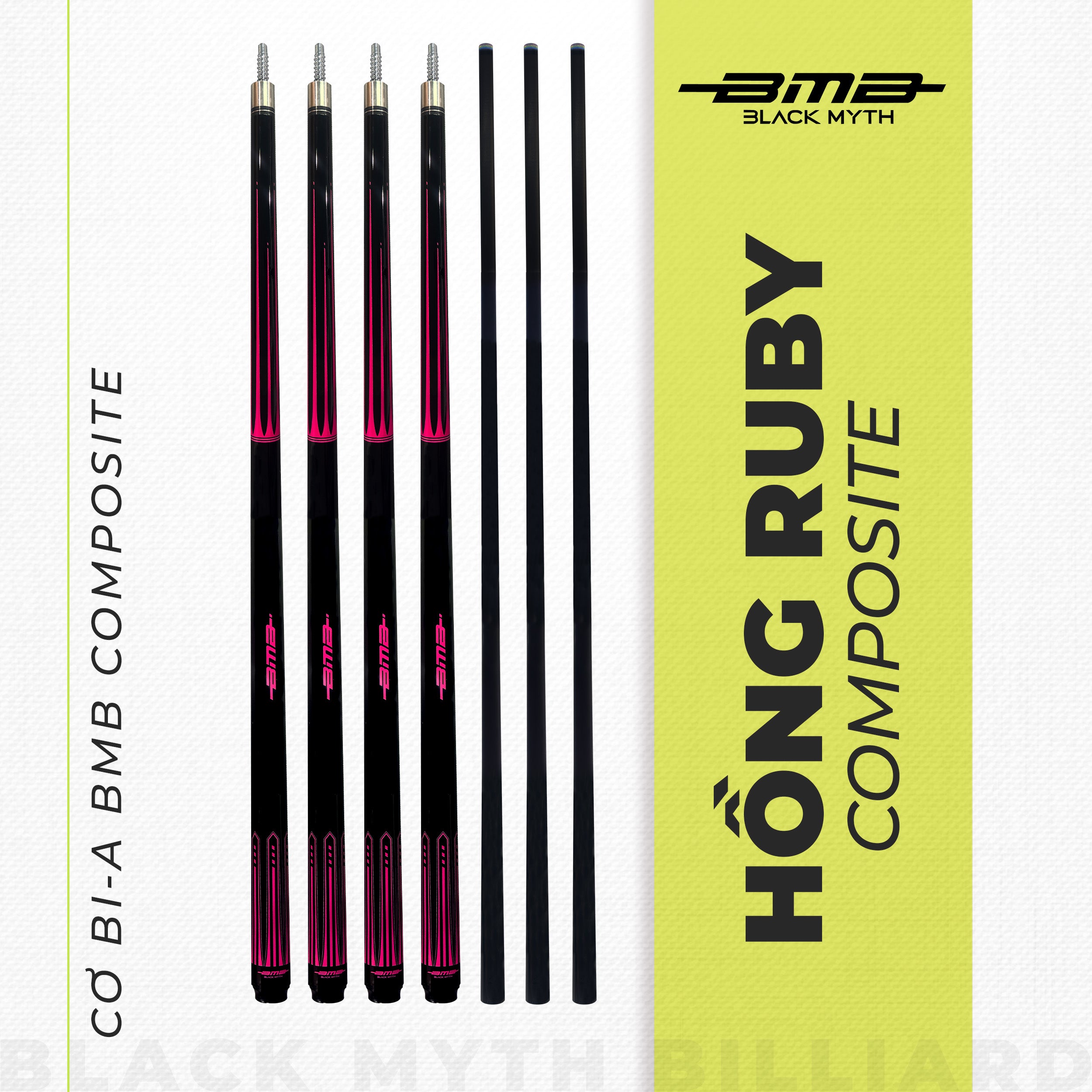Cơ Bida BMB Hồng Ruby – Ngọn Composite, Low Deflection, Đường Bi Chuẩn
